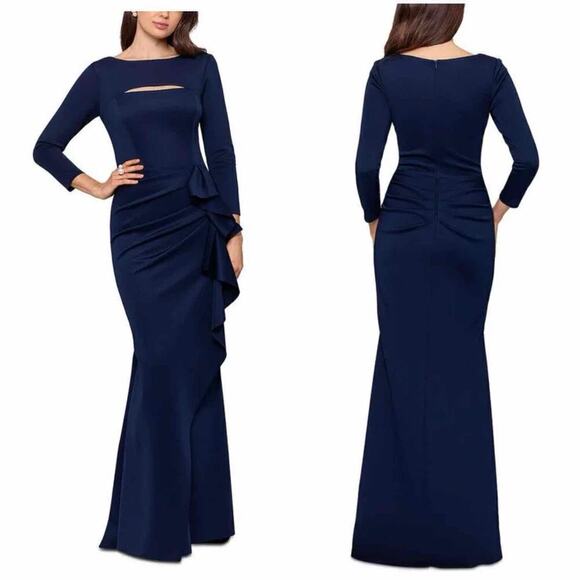 Xscape Boat Neck Long Sleeve Cut-Out Ruched Side Bow Gown Size 14W - Picture 1 of 9